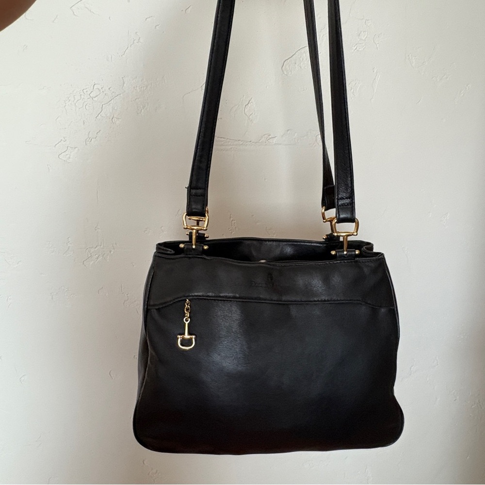 Vtg 90s Etienne Aigner Large Black Leather Shoulder Bag with Gold Accents